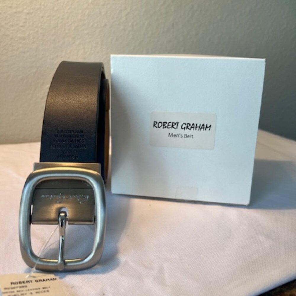 ROBERT GRAHAM Blue/Brown Leather Belt Reversible Embossed Silver Buckle